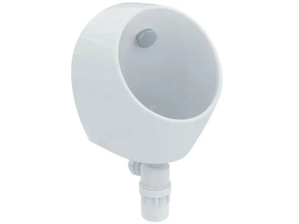 Weißes Urinal von Ideal Standard ohne Spülrand, mit hinterem Zulauf. Runde Form, geeignet für Wandmontage in sanitärbereich.